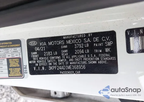 2021 Kia Forte Lxs z USA, uszkodzony, nr VIN 3KPF24AD1ME368956